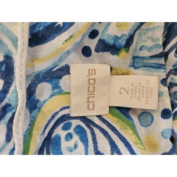 Chico's Size 2 Large Size 12 Blue white & yellow long sleeve button down blouse - Picture 3 of 5